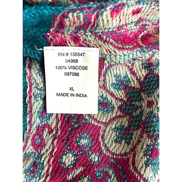 Time For Me Women Sz XL Turquoise Brocade Kimono Boho Print Cardigan Fringe T4 - Picture 11 of 12